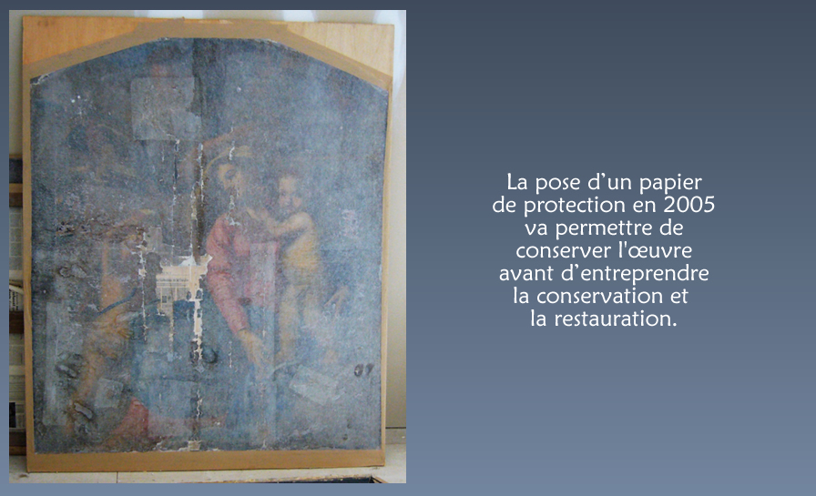 Tableau La Sainte Famille - Pose d'un papier de protection en 2005